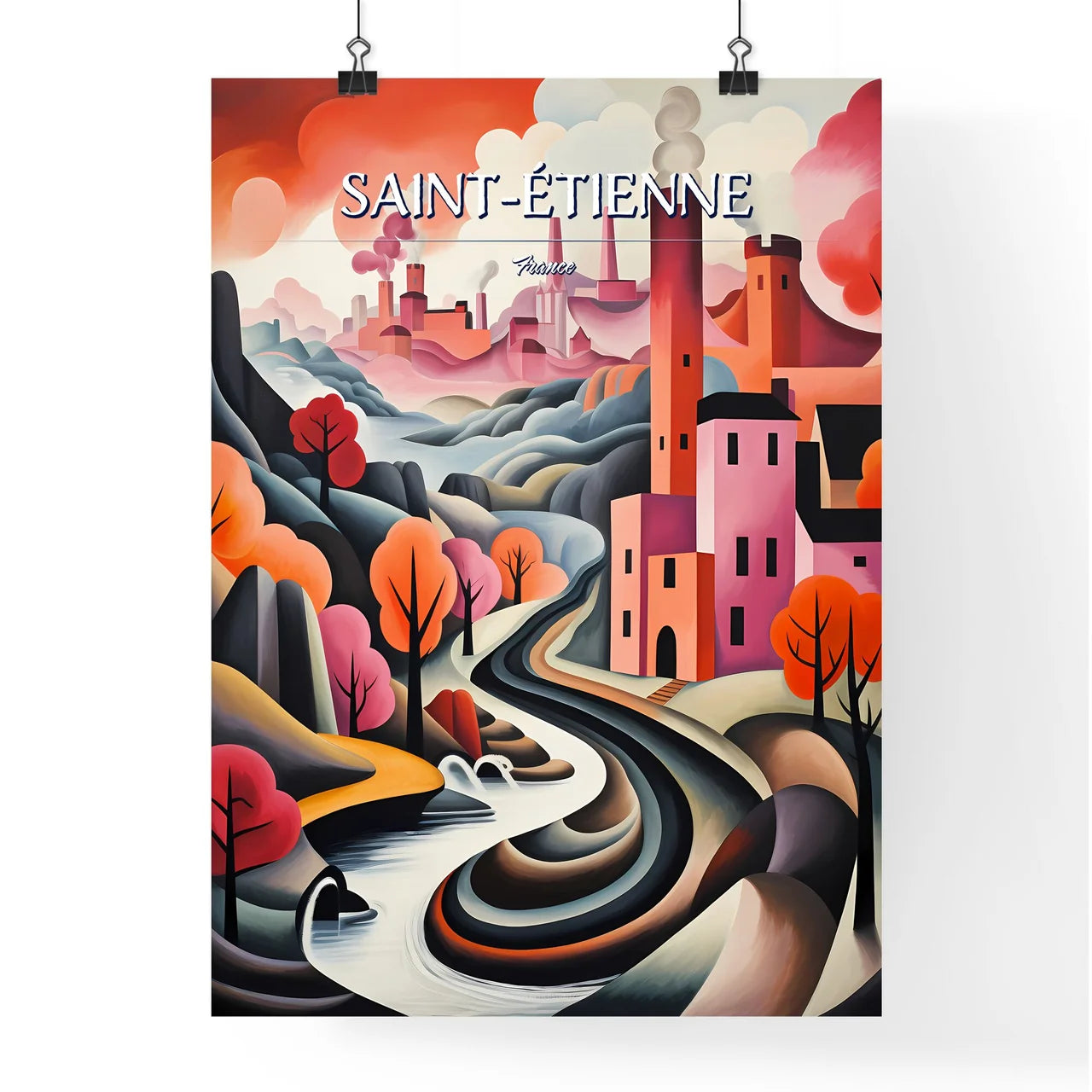 Saint-Étienne, France - Art print of a painting of a town with trees and a river Poster