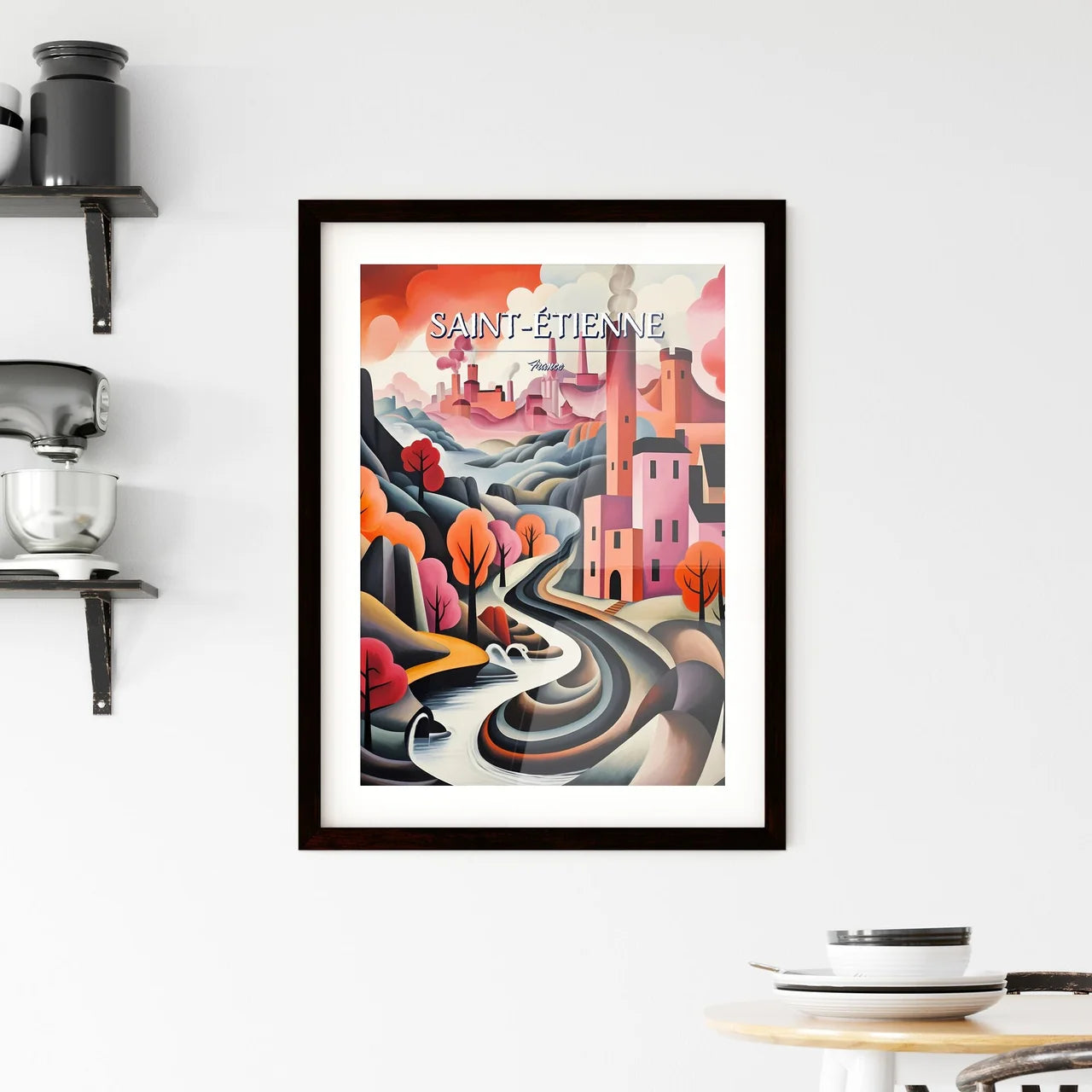 Saint-Étienne, France - Art print of a painting of a town with trees and a river Custom Print