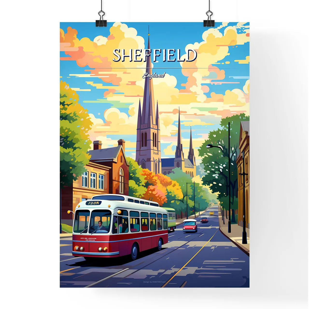 Sheffield, England - Art print of a bus driving down a street with buildings and trees Poster