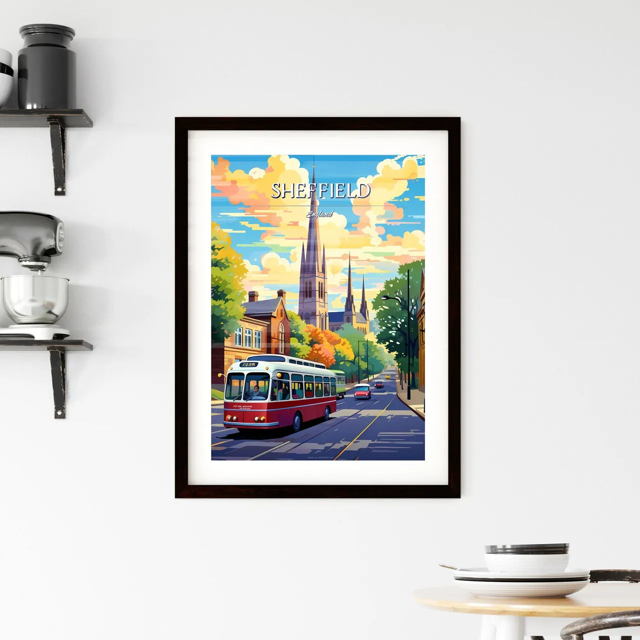 Sheffield, England - Art print of a bus driving down a street with buildings and trees Custom Print