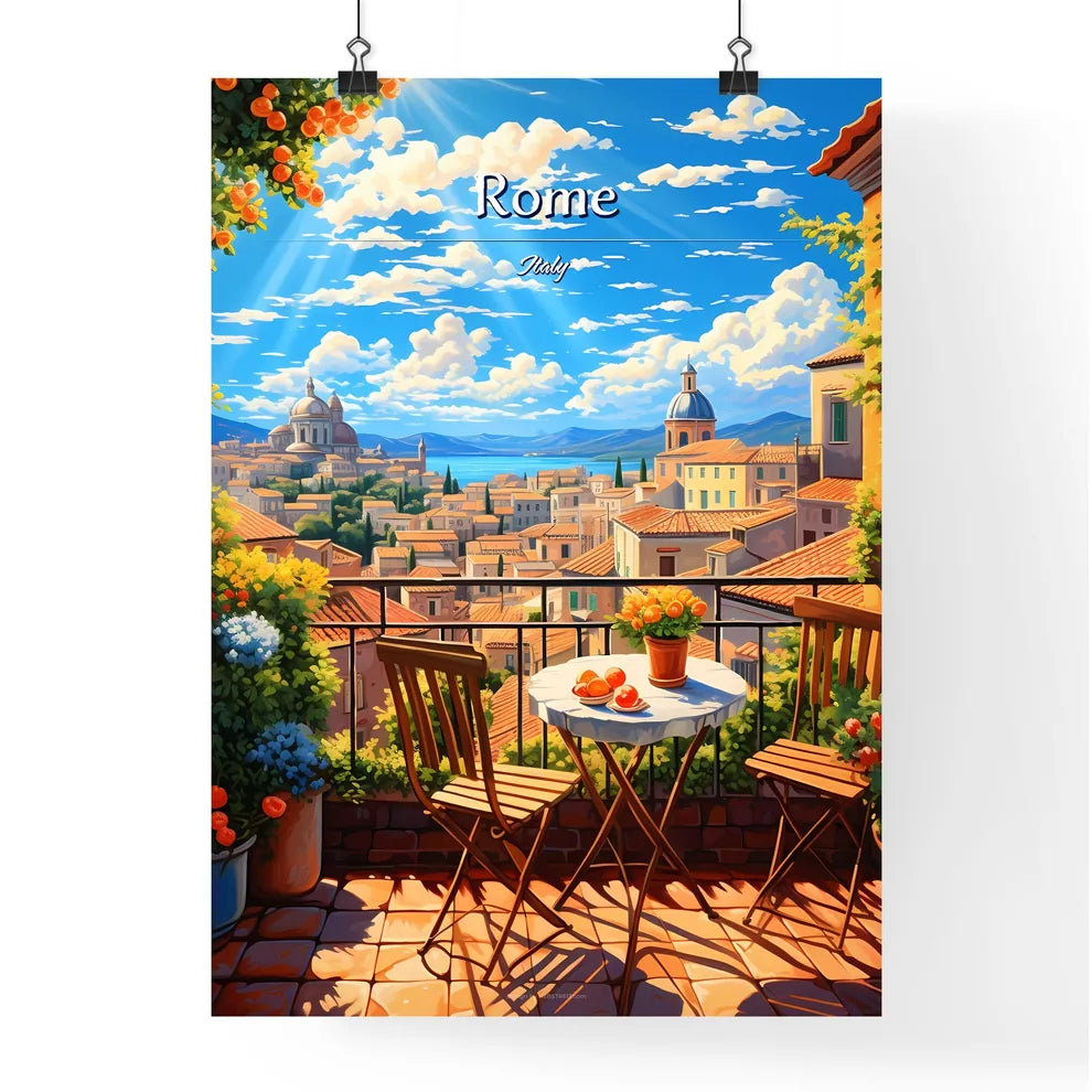 On the roofs of Rome, Italy - Art print of a table and chairs on a balcony overlooking a city Poster