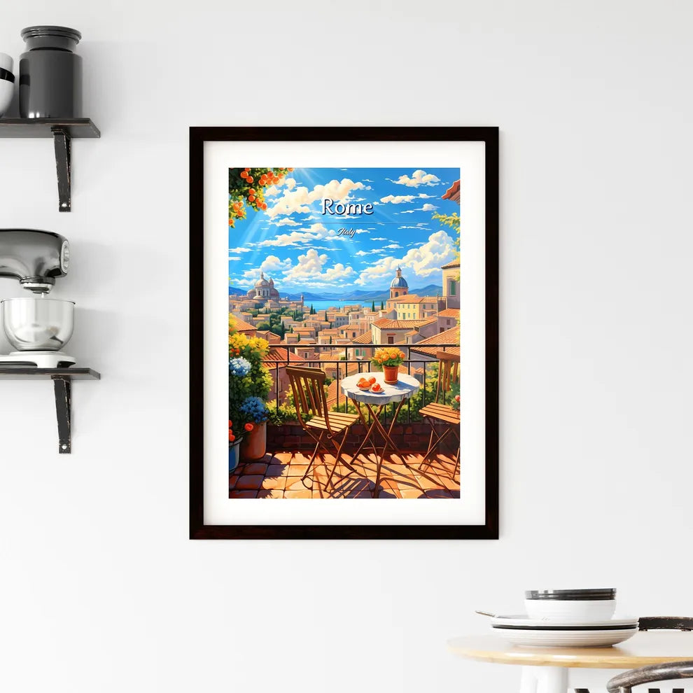 On the roofs of Rome, Italy - Art print of a table and chairs on a balcony overlooking a city Custom Print