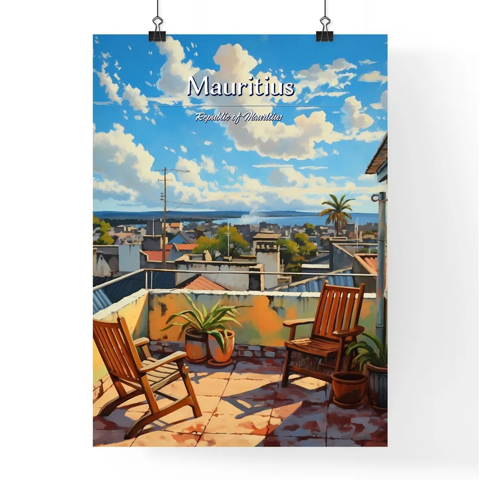 On the roofs of Mauritius, Republic of Mauritius - Art print of chairs on a rooftop overlooking a city Poster