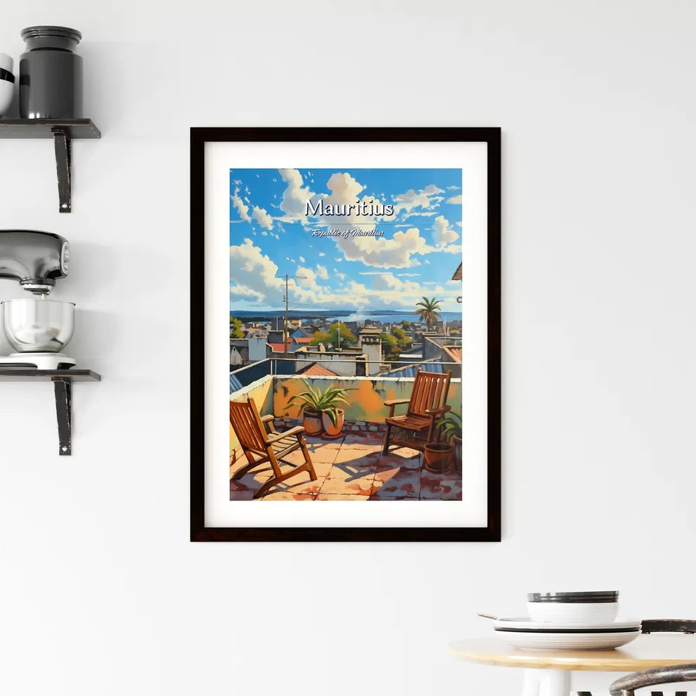 On the roofs of Mauritius, Republic of Mauritius - Art print of chairs on a rooftop overlooking a city Custom Print