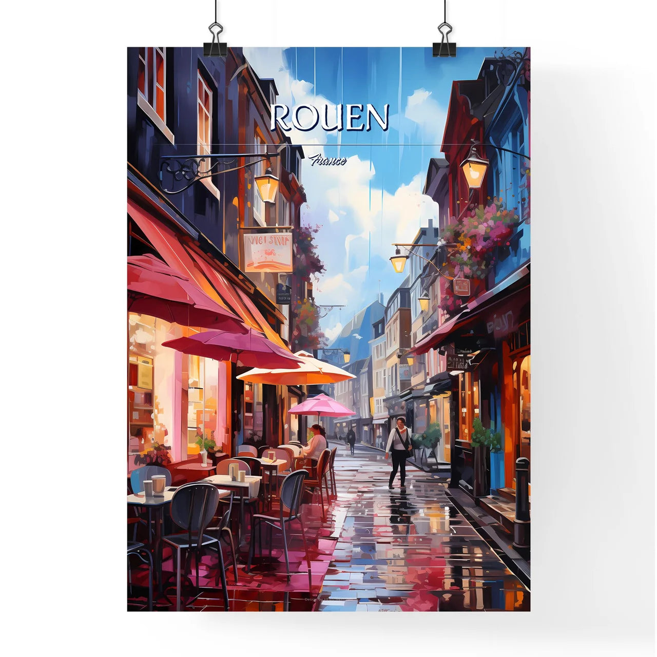Rouen, France - Art print of a street with tables and umbrellas Poster