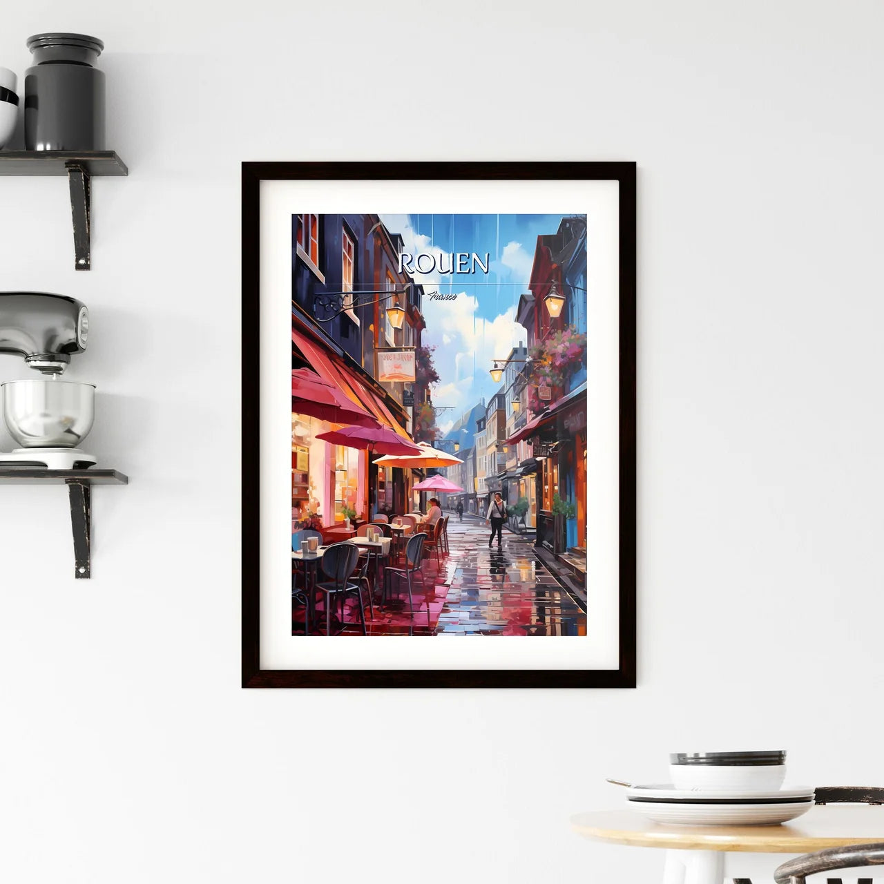 Rouen, France - Art print of a street with tables and umbrellas Custom Print
