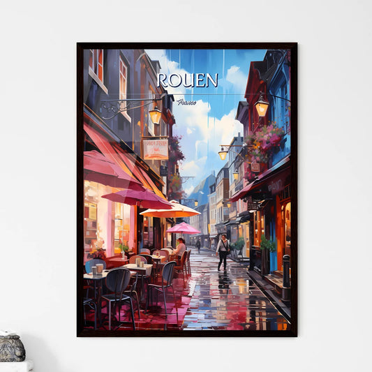 Rouen, France - Art print of a street with tables and umbrellas Framed Art