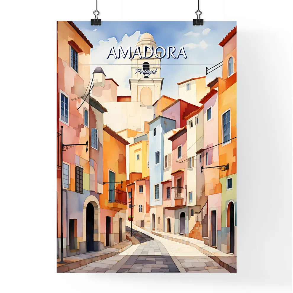 Amadora, Portugal - Art print of a watercolor painting of a street with buildings and a bell tower Poster