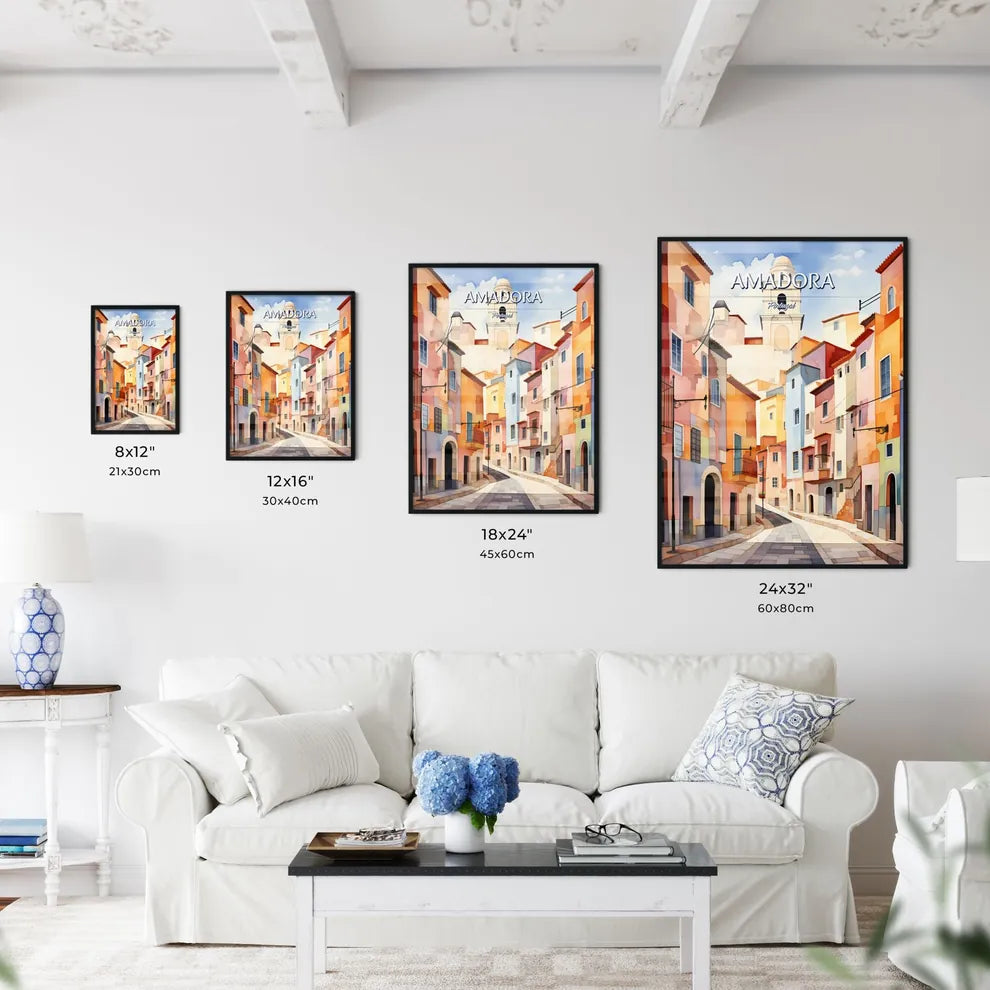 Amadora, Portugal - Art print of a watercolor painting of a street with buildings and a bell tower Size Chart