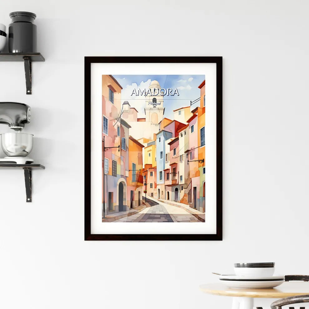 Amadora, Portugal - Art print of a watercolor painting of a street with buildings and a bell tower Custom Print