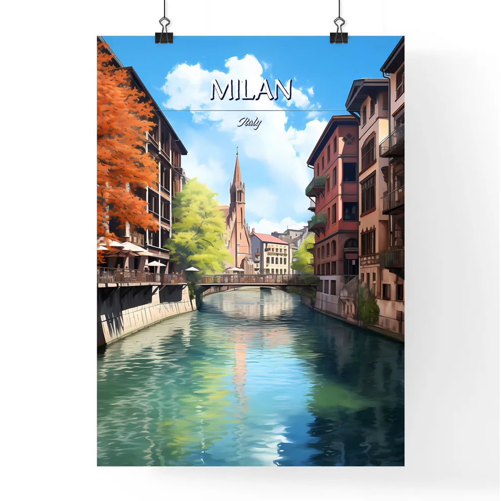 Milan, Italy - Art print of a river with buildings and trees Poster