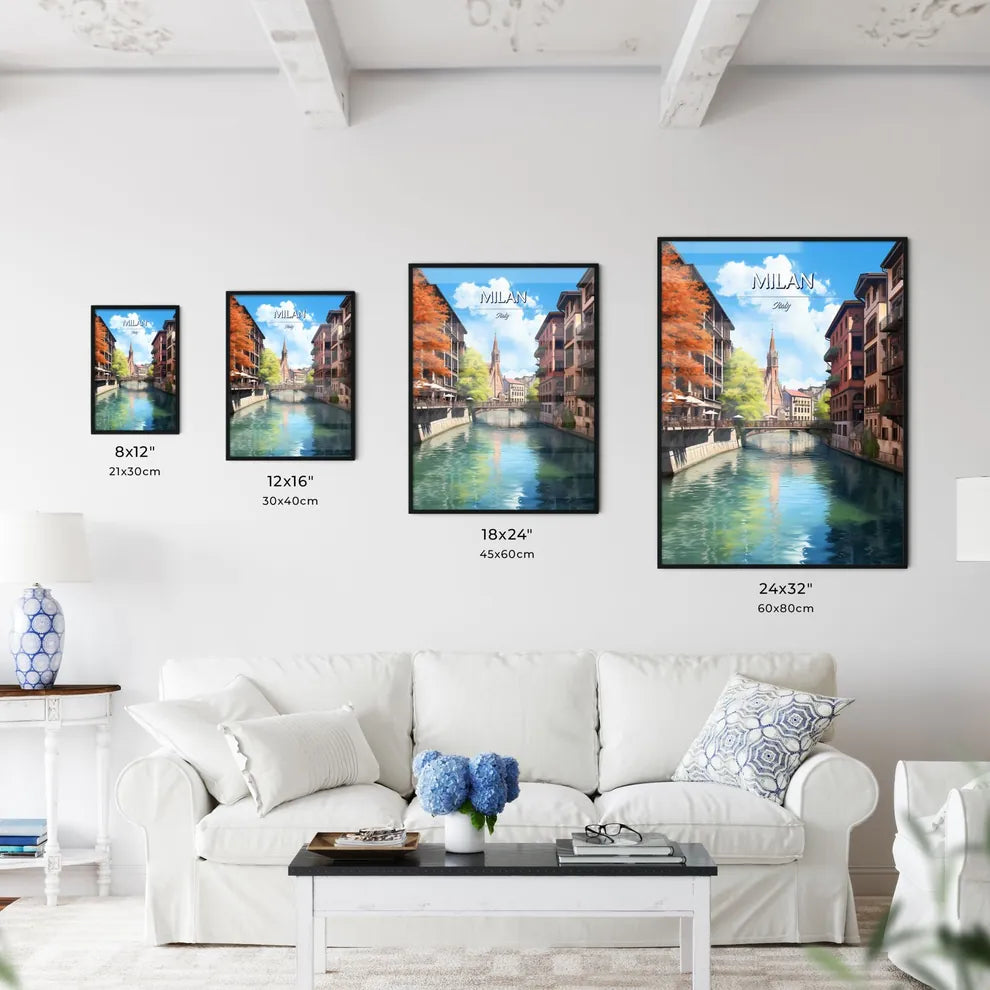 Milan, Italy - Art print of a river with buildings and trees Size Chart