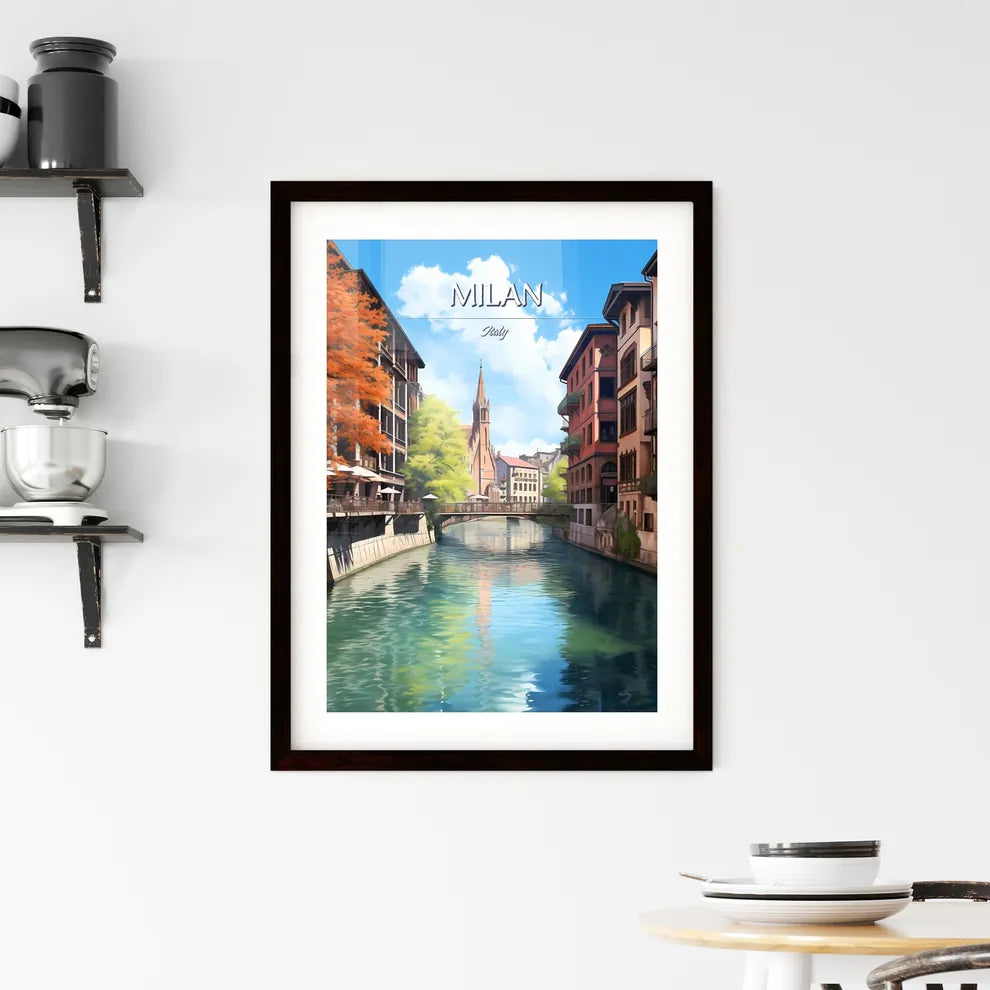 Milan, Italy - Art print of a river with buildings and trees Custom Print