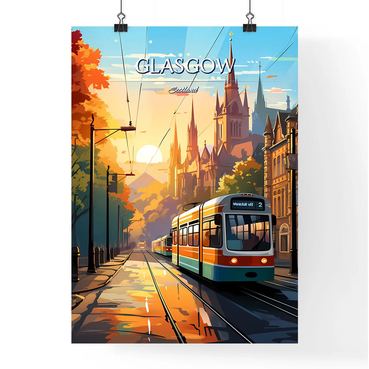 Glasgow, Scotland - Art print of a train on the street Poster