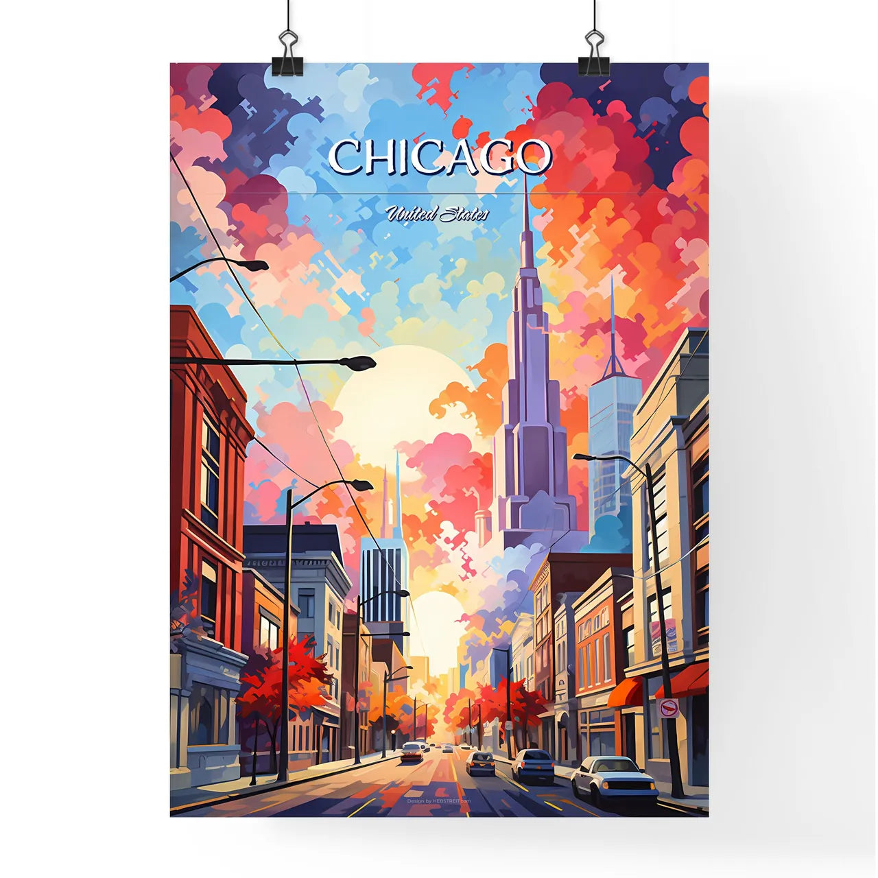 Chicago - Art print of a street with buildings and a colorful sky Poster