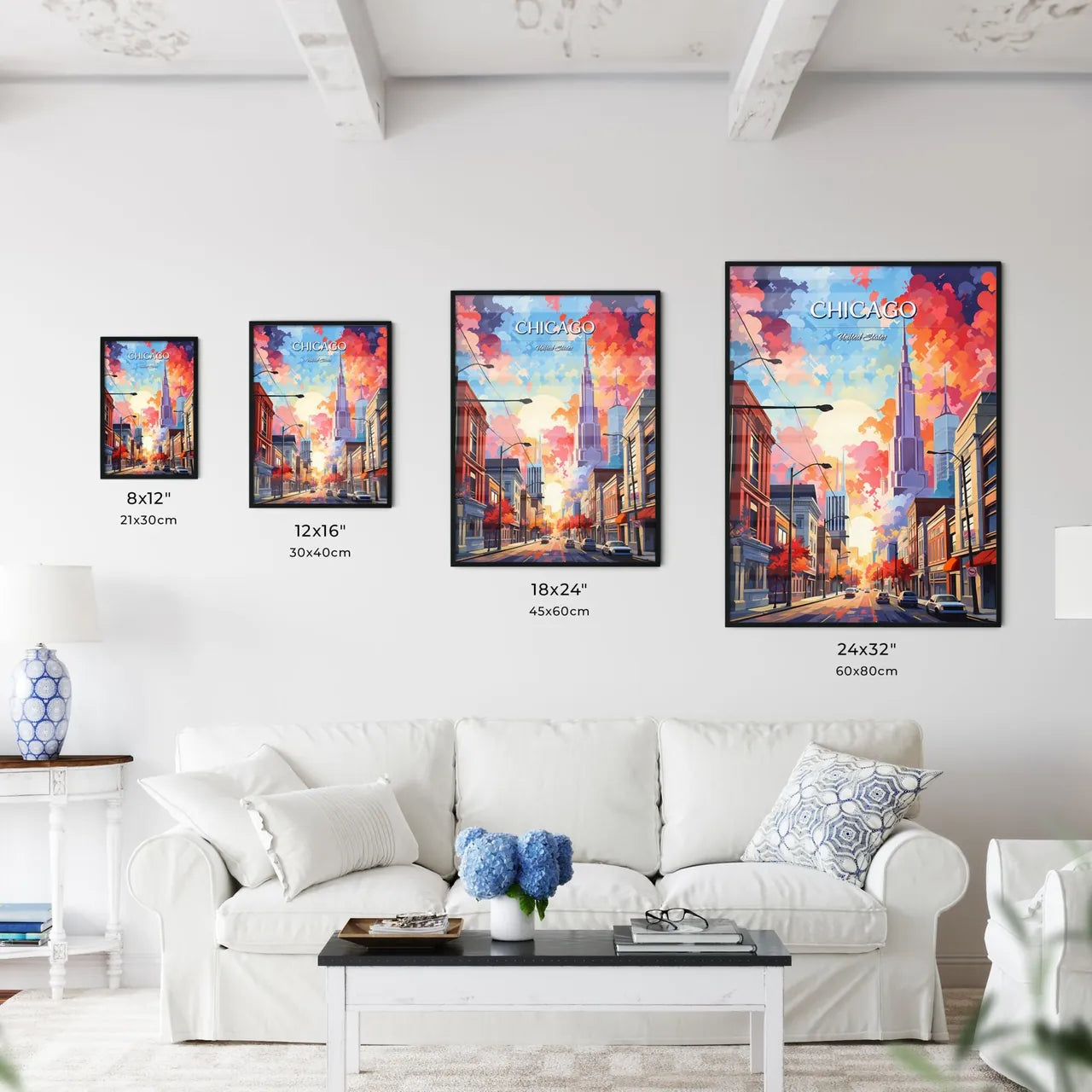 Chicago - Art print of a street with buildings and a colorful sky Size Chart