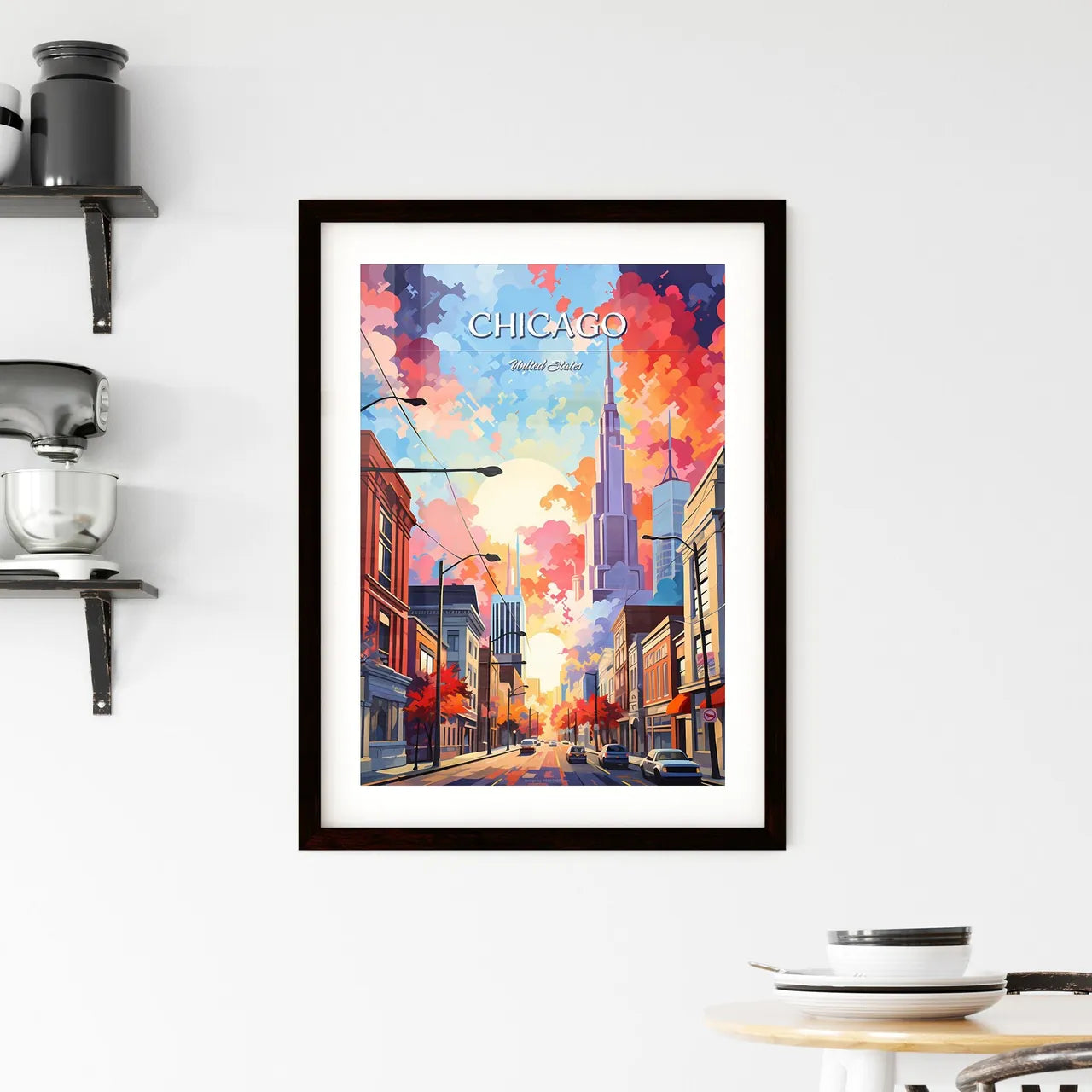 Chicago - Art print of a street with buildings and a colorful sky Custom Print