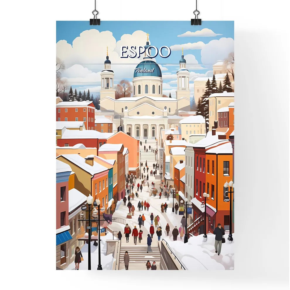 Espoo, Finland - Art print of a group of people walking down a snowy street Poster