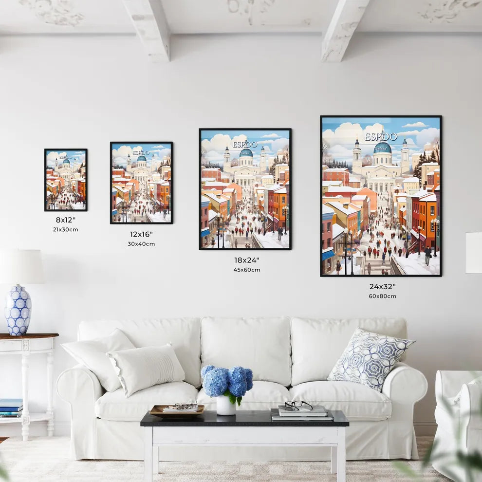 Espoo, Finland - Art print of a group of people walking down a snowy street Size Chart