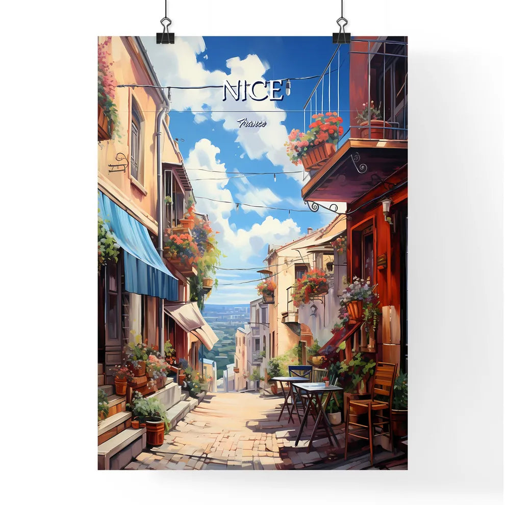 Nice, France - Art print of a street with chairs and tables and flowers on it Poster