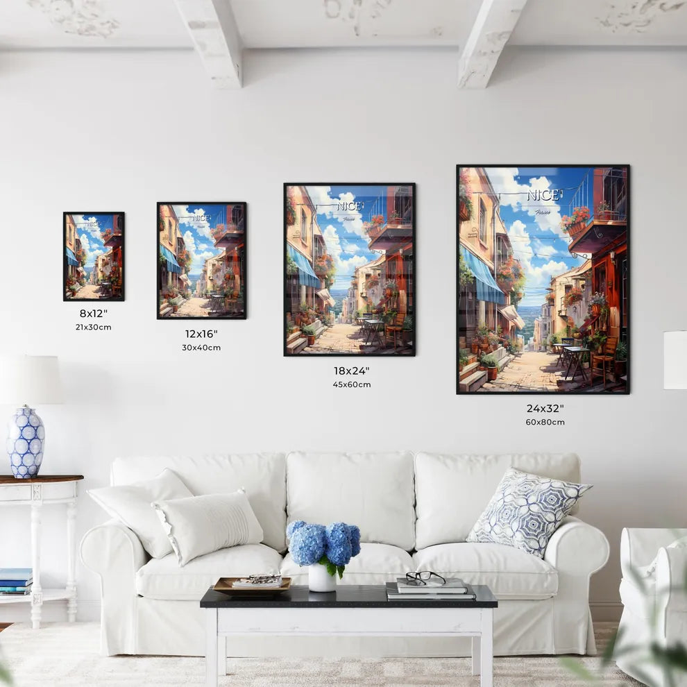 Nice, France - Art print of a street with chairs and tables and flowers on it Size Chart