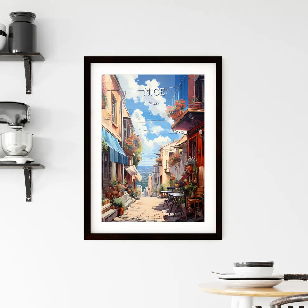 Nice, France - Art print of a street with chairs and tables and flowers on it Custom Print