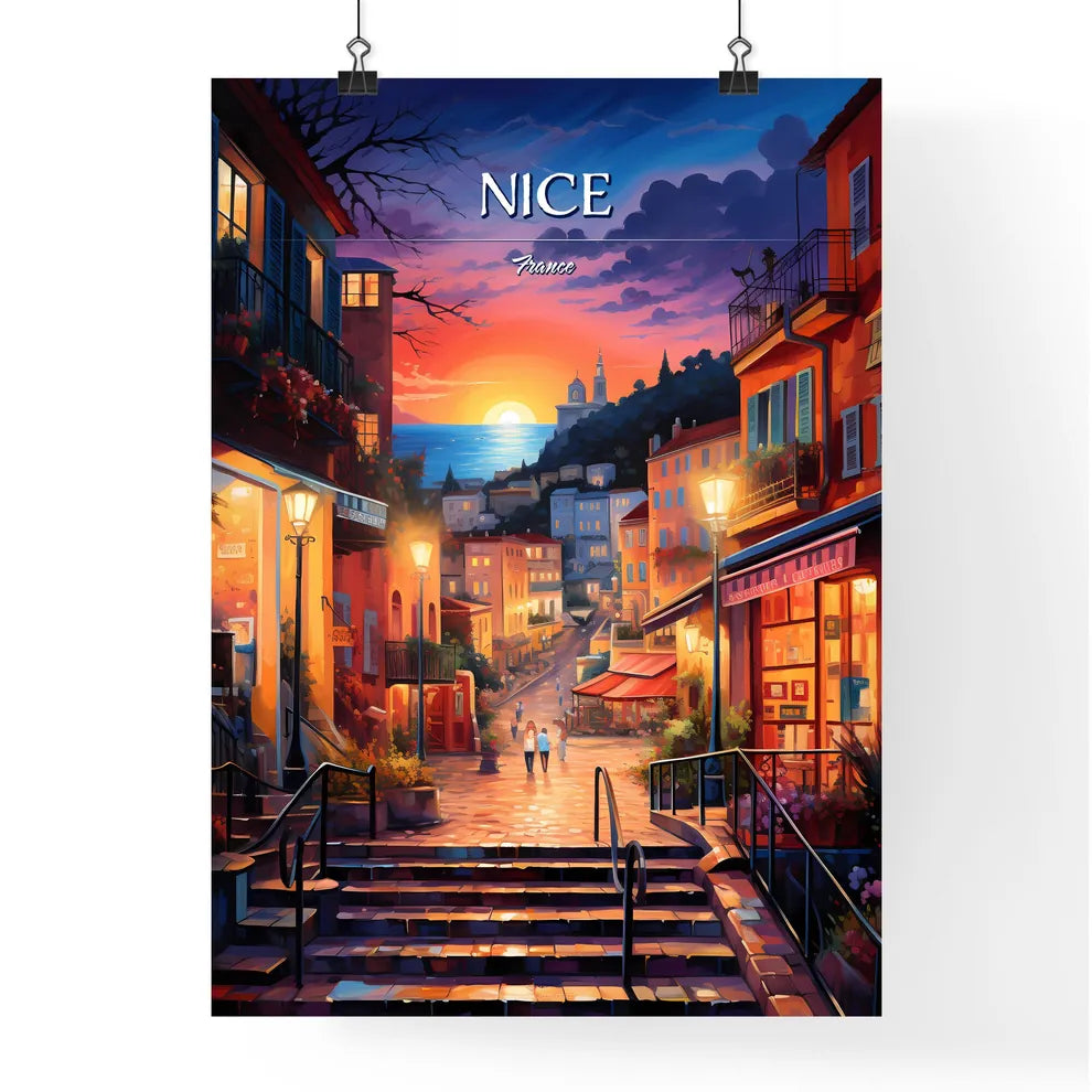 Nice, France - Art print of a street with stairs and buildings in the background Poster