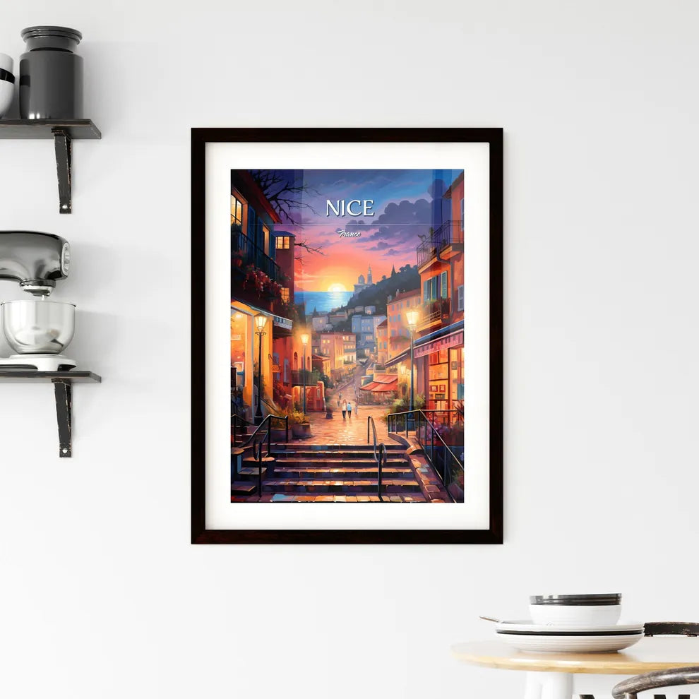 Nice, France - Art print of a street with stairs and buildings in the background Custom Print