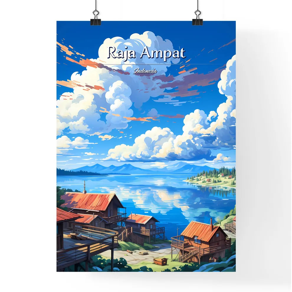 On the roofs of Raja Ampat, Indonesia - Art print of a landscape of a lake with houses and mountains Poster
