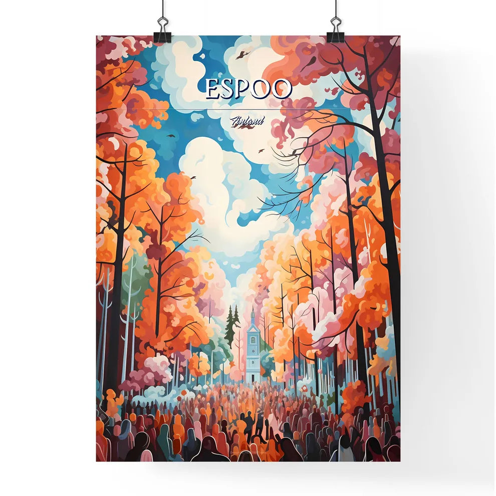 Espoo, Finland - Art print of a painting of a church and a crowd of people Poster