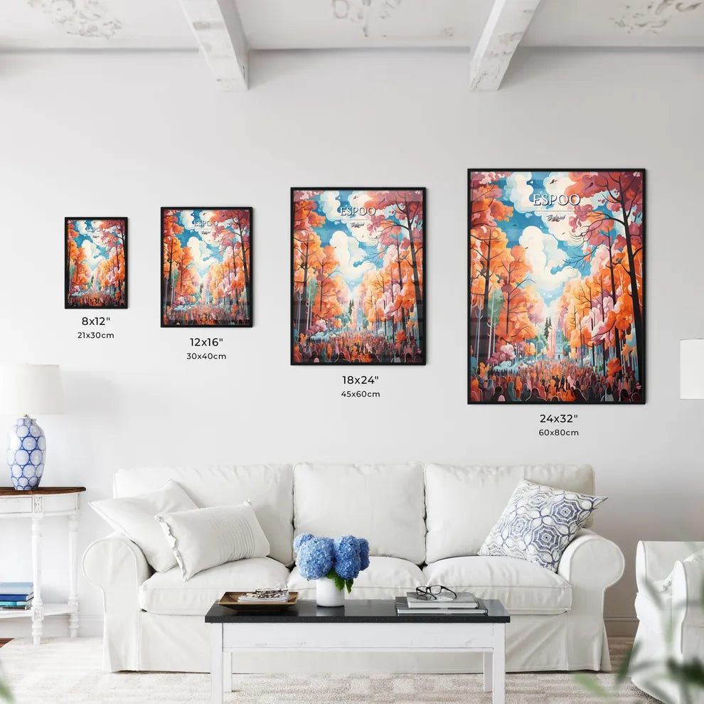 Espoo, Finland - Art print of a painting of a church and a crowd of people Size Chart