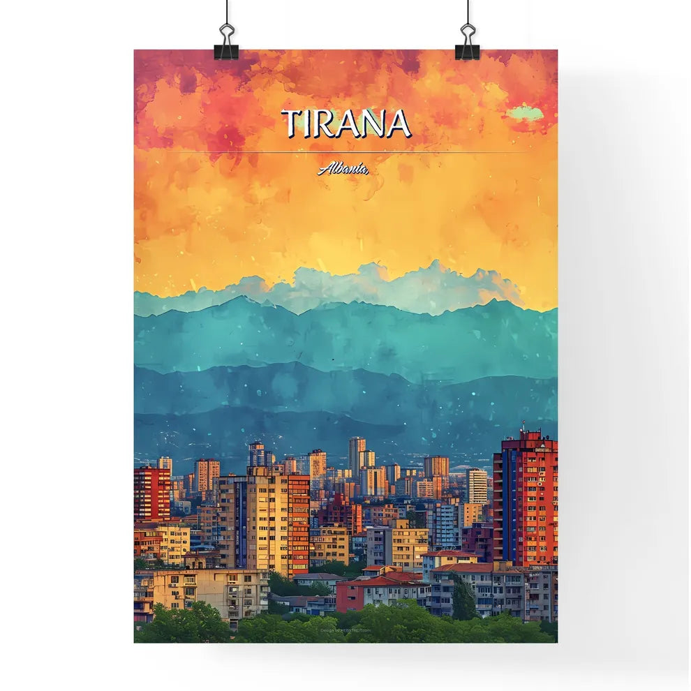 Tirana, Albania, - Art print of a city with mountains in the background Poster