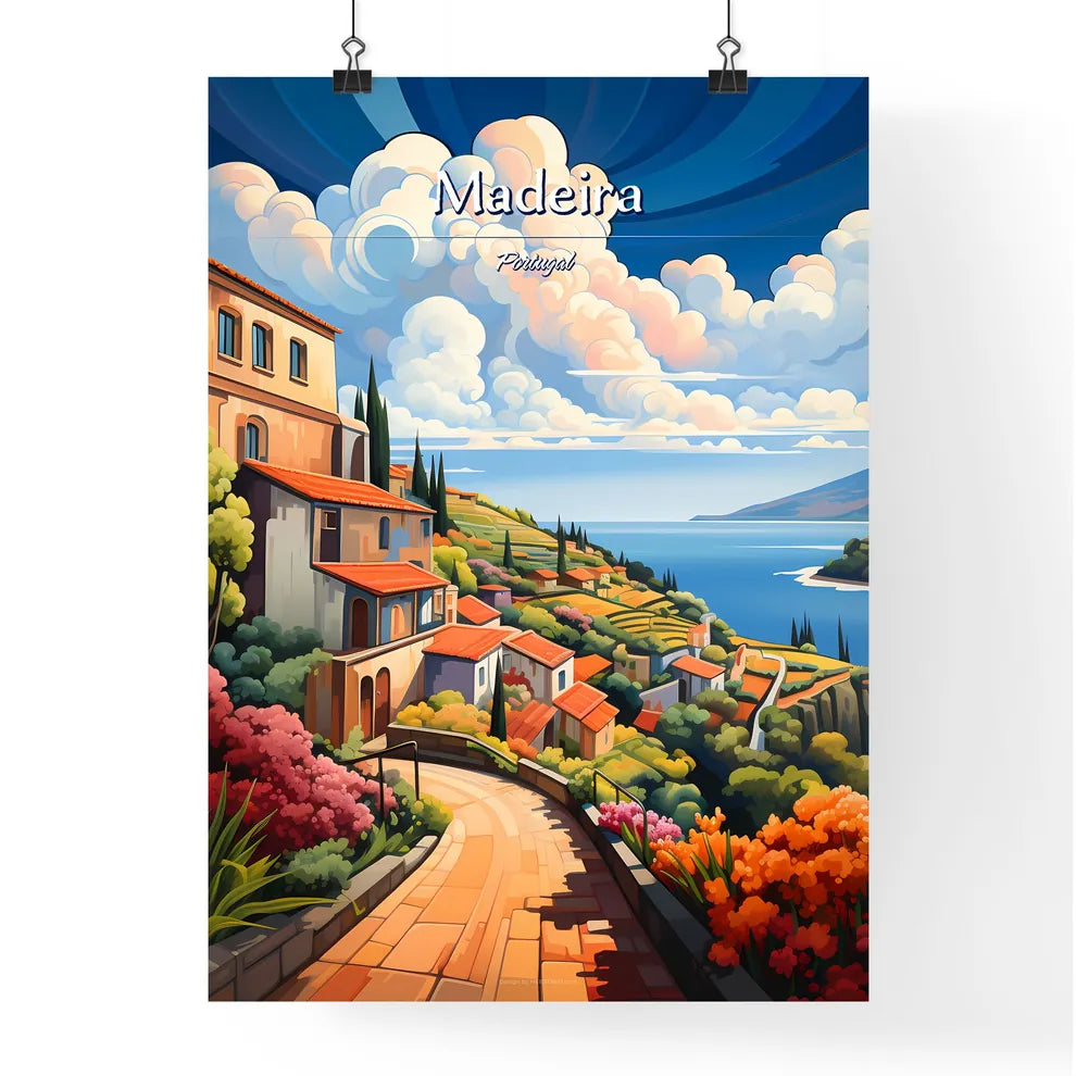 Madeira, Portugal - Art print of a landscape with a road and houses by the water Poster