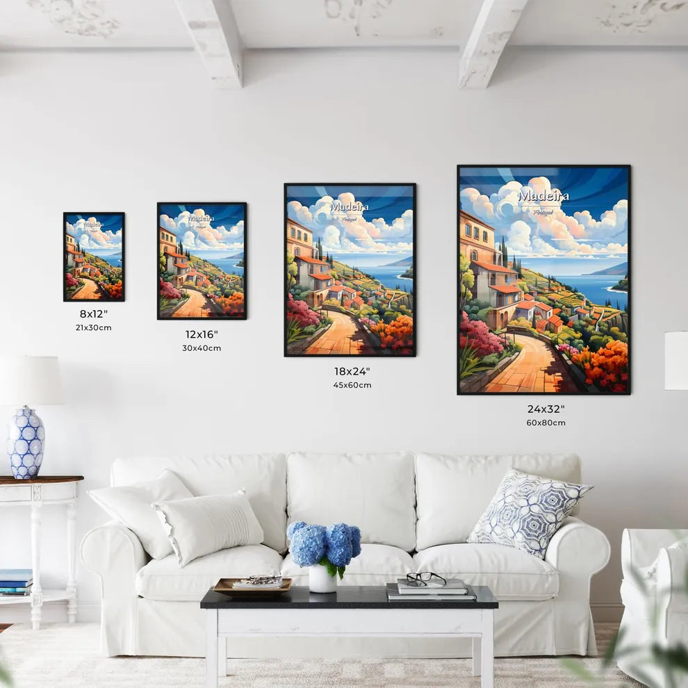 Madeira, Portugal - Art print of a landscape with a road and houses by the water Size Chart