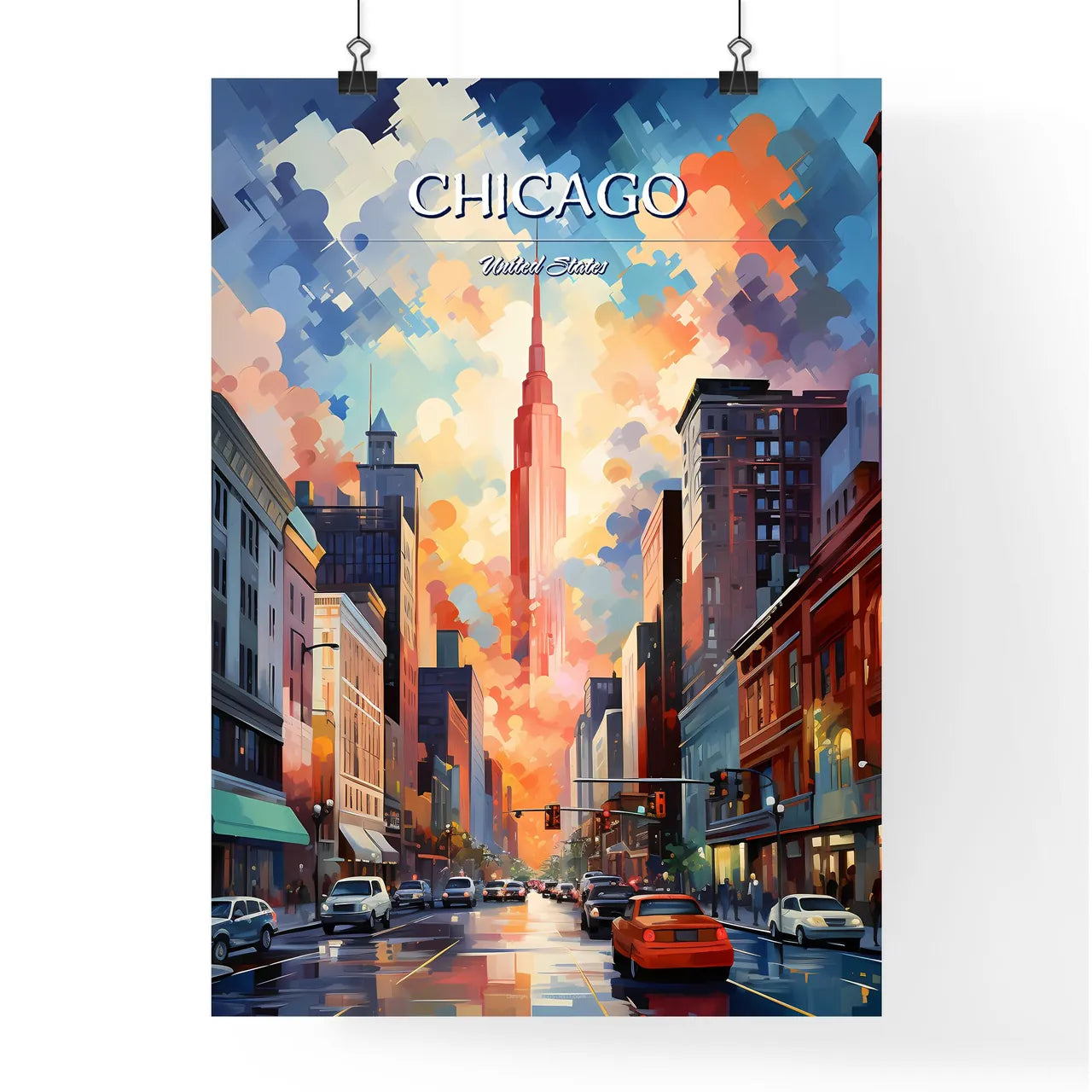 Chicago - Art print of a city street with cars and buildings Poster