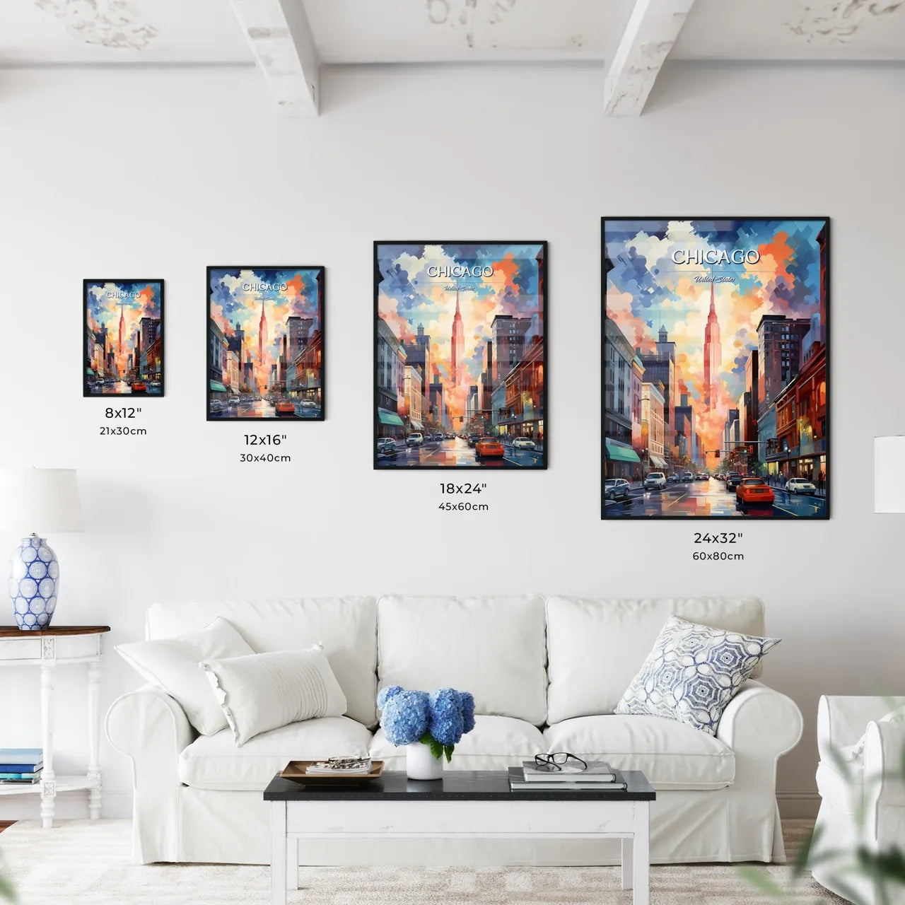 Chicago - Art print of a city street with cars and buildings Size Chart