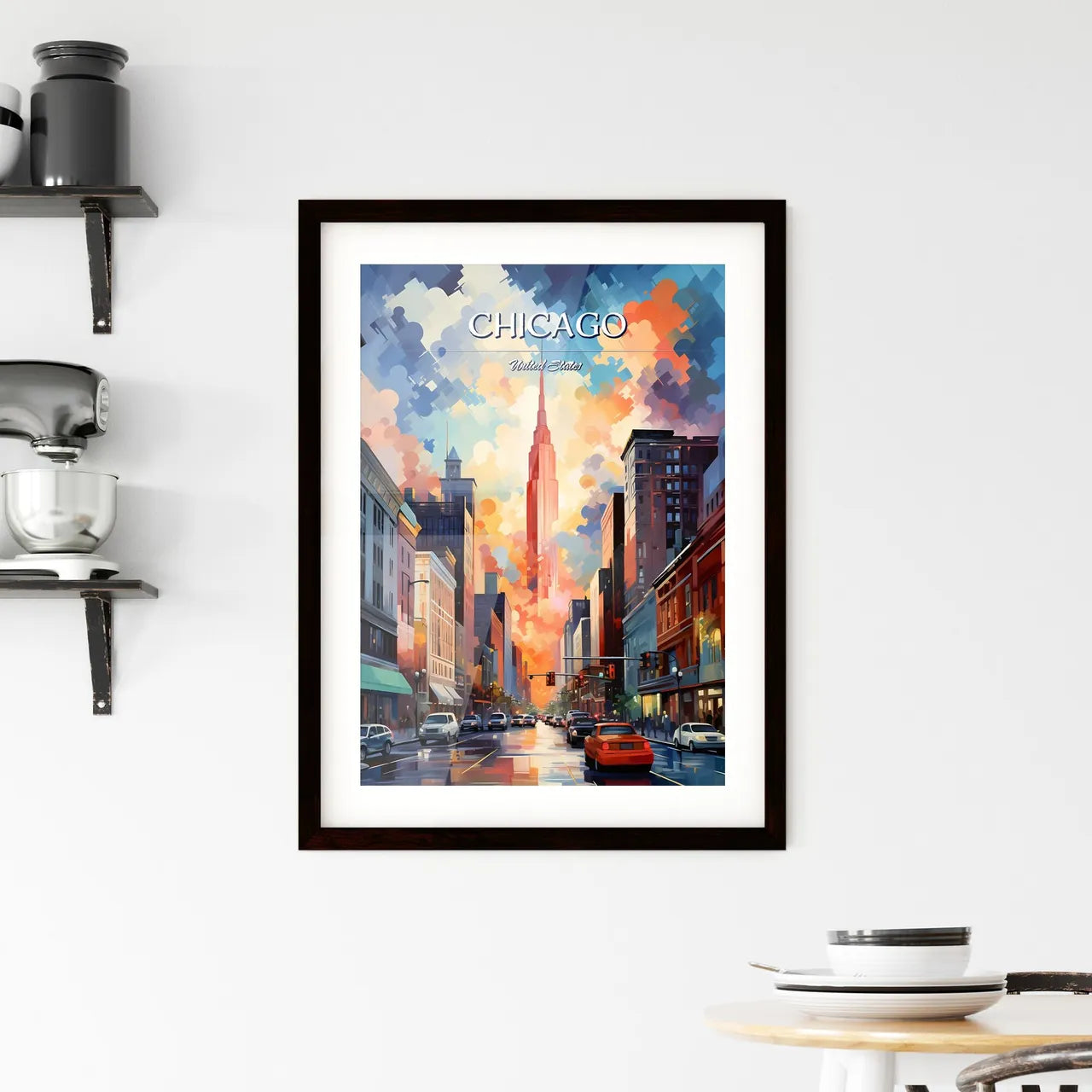 Chicago - Art print of a city street with cars and buildings Custom Print