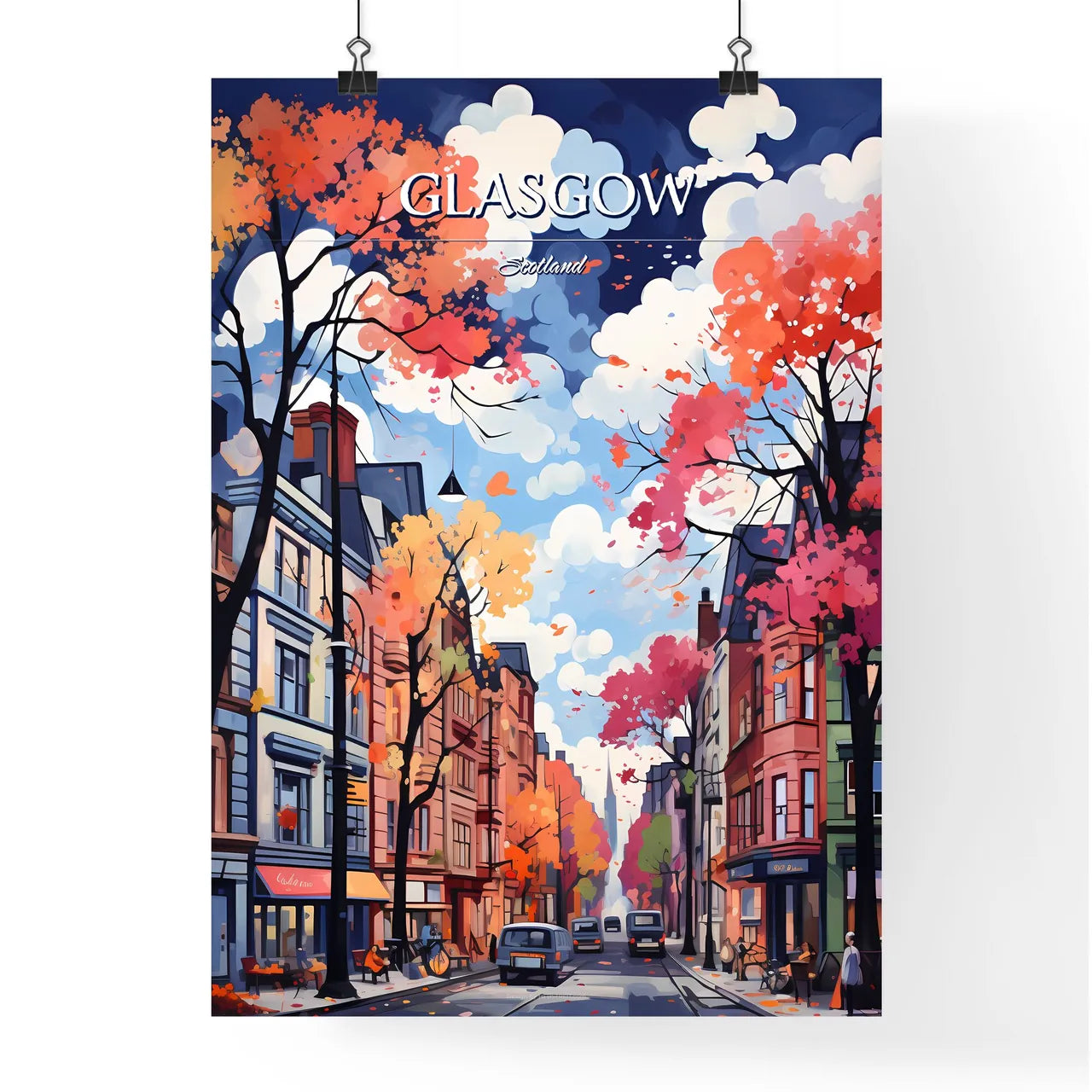 Glasgow, Scotland - Art print of a street with trees and buildings Poster