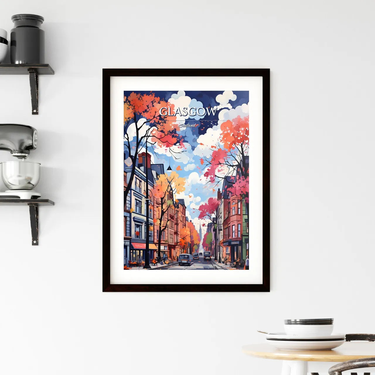 Glasgow, Scotland - Art print of a street with trees and buildings Custom Print