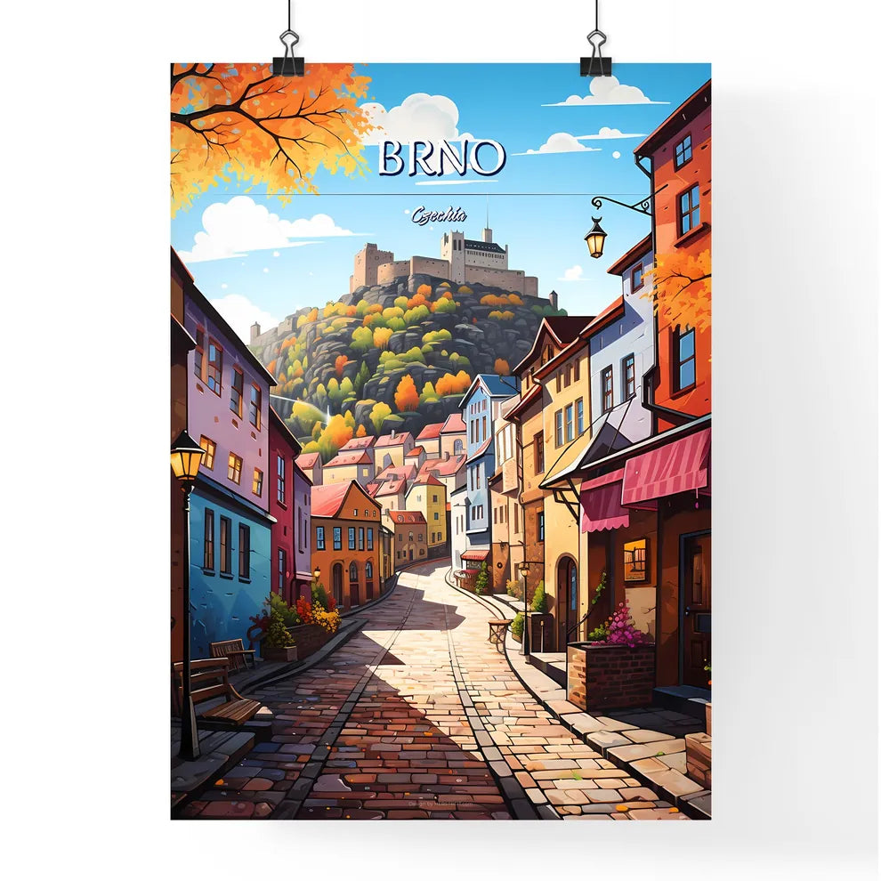 Brno, Czechia - Art print of a street with buildings and a castle in the background Poster