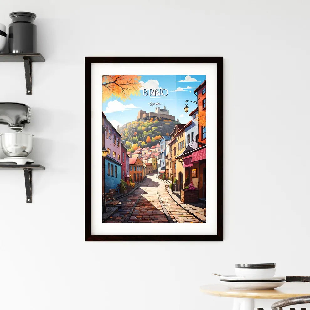 Brno, Czechia - Art print of a street with buildings and a castle in the background Custom Print