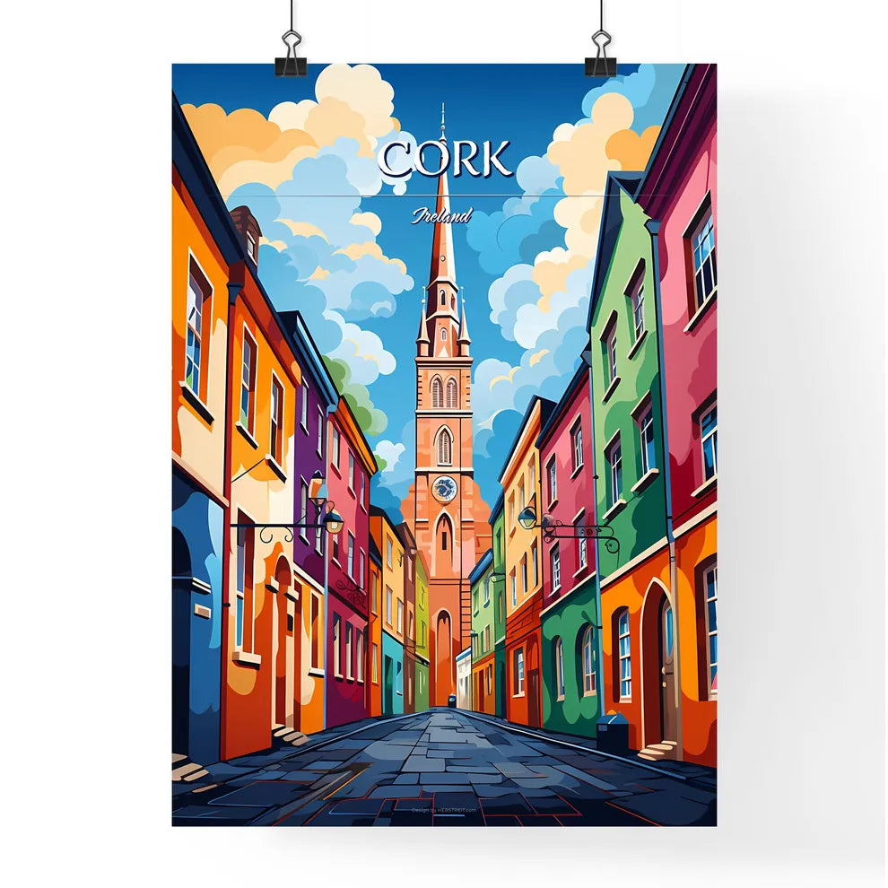 Cork, Ireland - Art print of a colorful street with a clock tower Poster