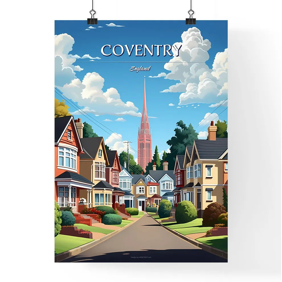 Coventry, England - Art print of a street with houses and a tall tower Poster
