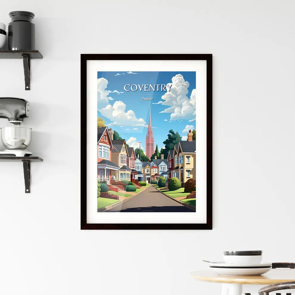 Coventry, England - Art print of a street with houses and a tall tower Custom Print