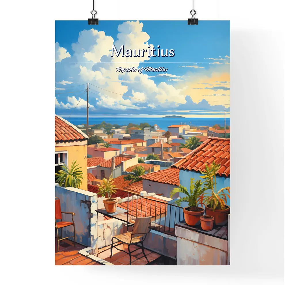 On the roofs of Mauritius, Republic of Mauritius - Art print of a rooftops of a town with plants and a body of water Poster