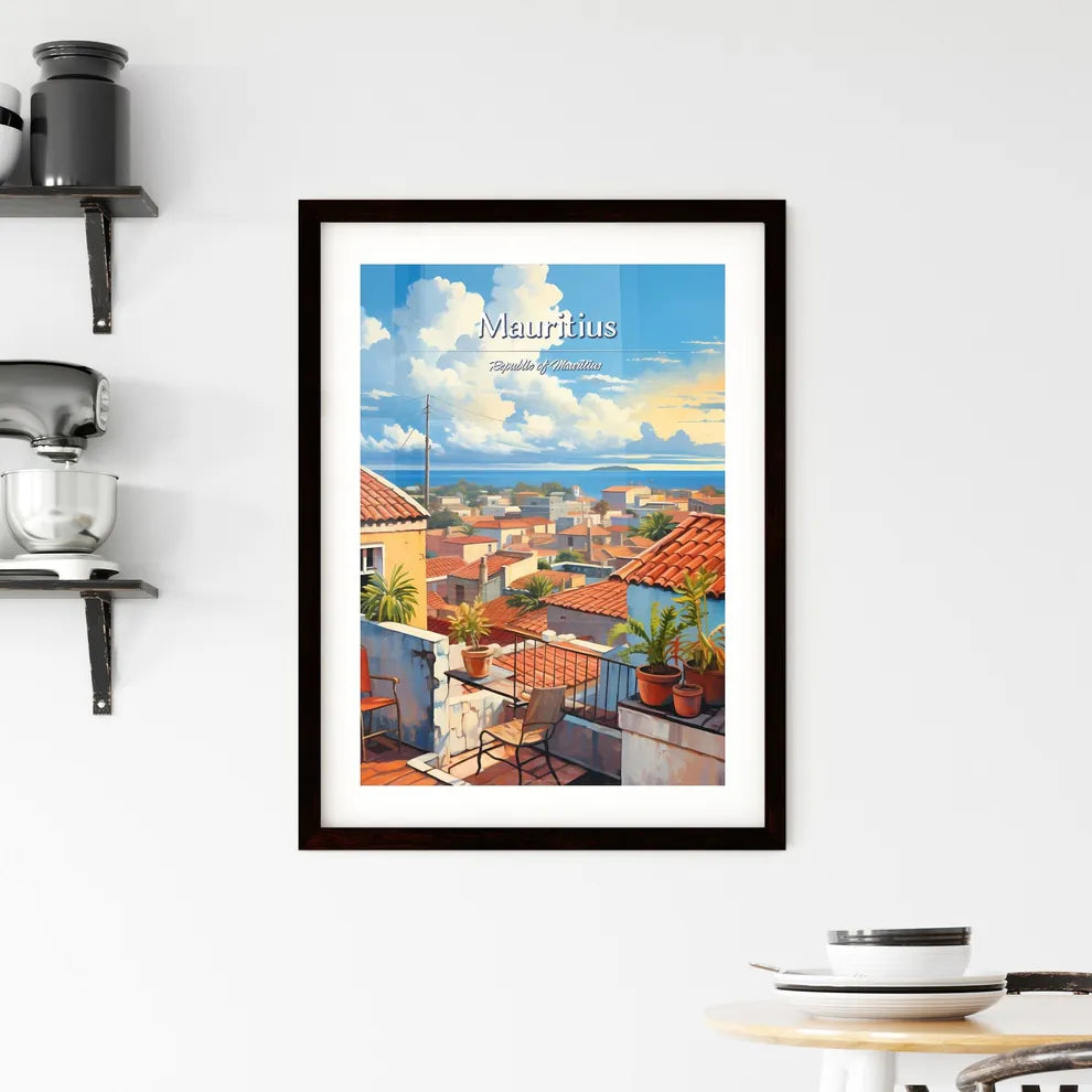 On the roofs of Mauritius, Republic of Mauritius - Art print of a rooftops of a town with plants and a body of water Custom Print