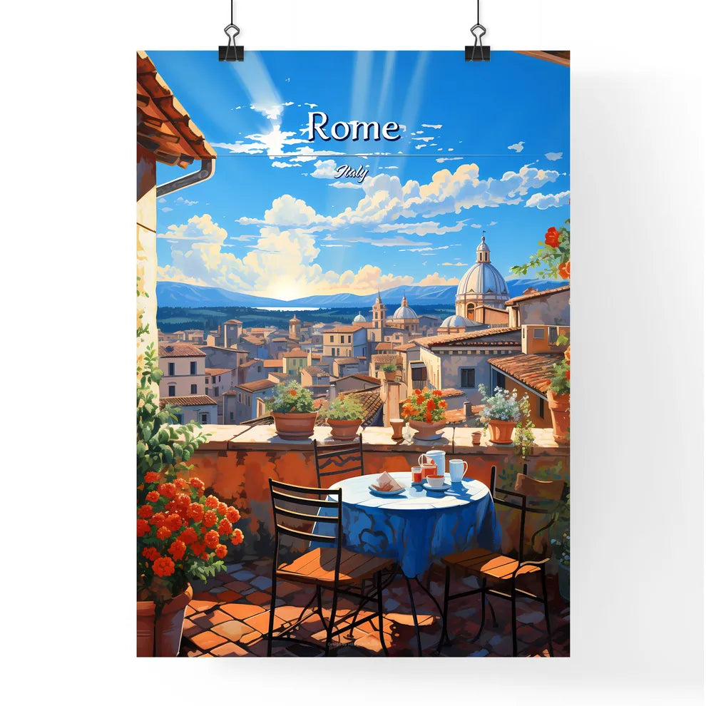 On the roofs of Rome, Italy - Art print of a table and chairs on a balcony overlooking a city Poster