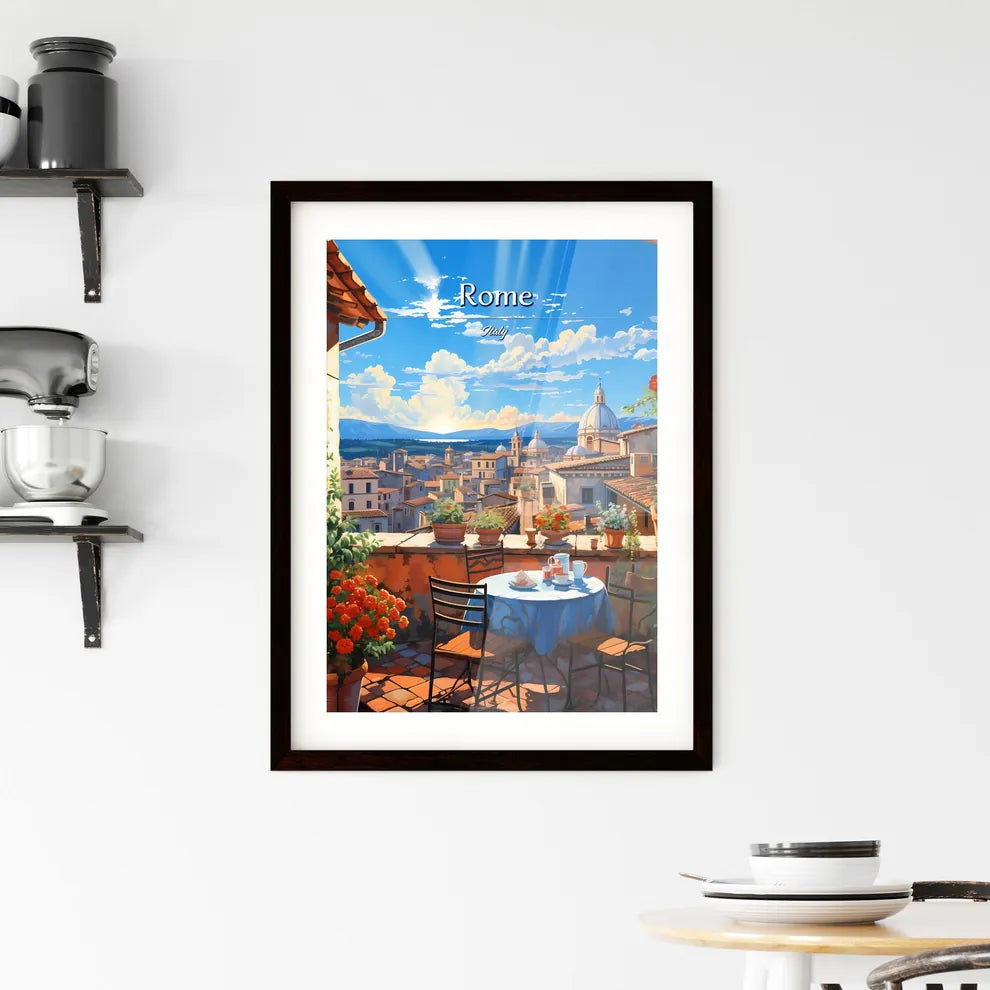 On the roofs of Rome, Italy - Art print of a table and chairs on a balcony overlooking a city Custom Print