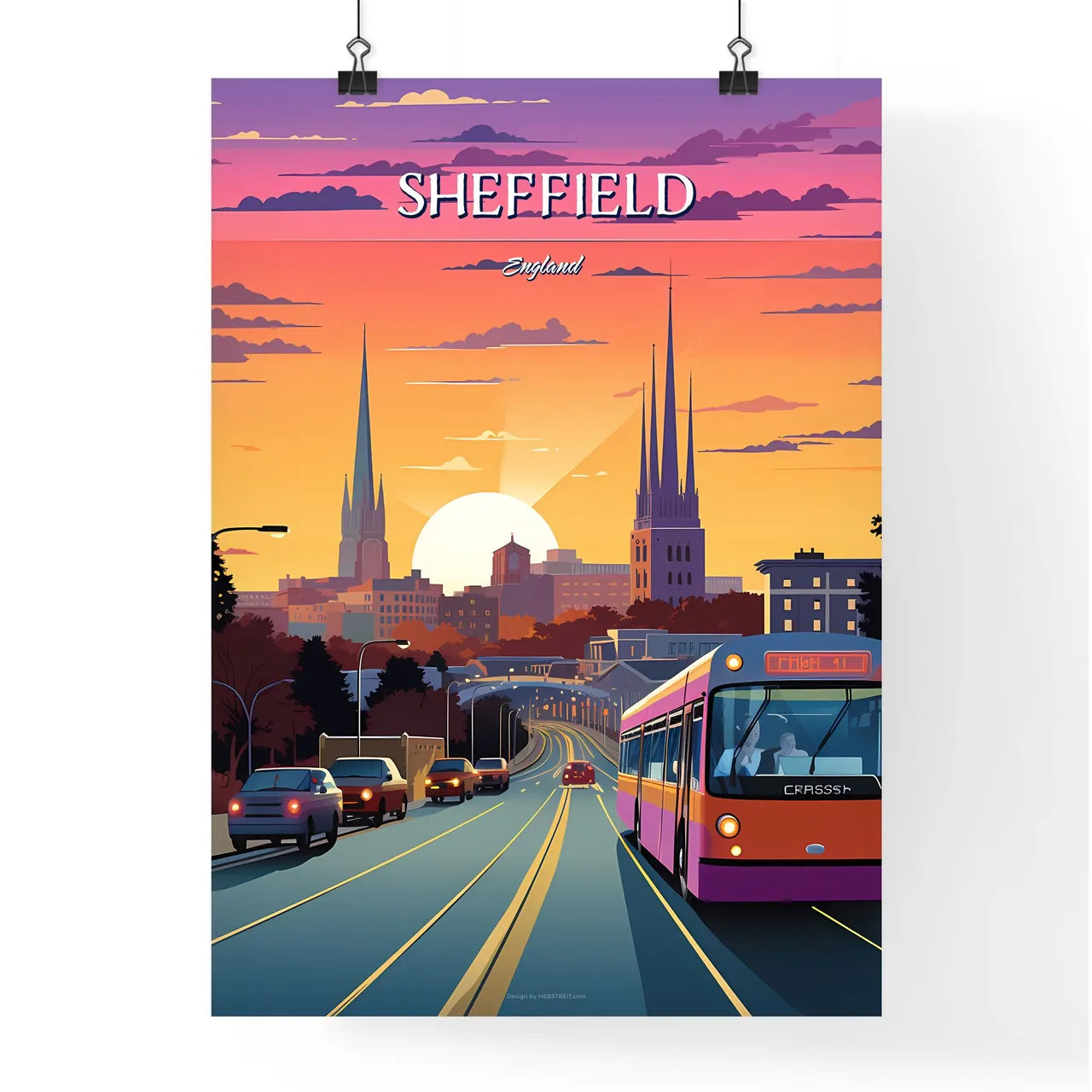 Sheffield, England - Art print of a black cow walking on a grassy hill Poster