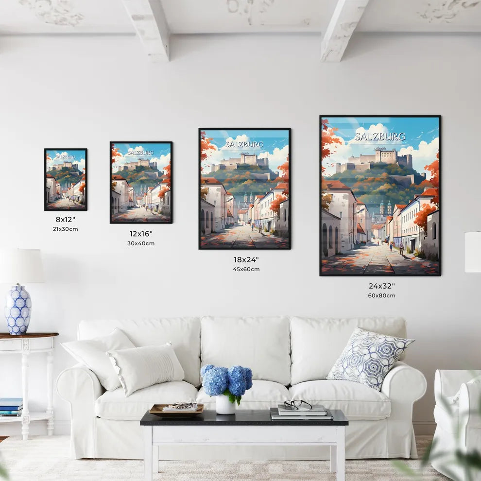 Salzburg, Austria - Art print of a large body of water with a small island in the middle Size Chart